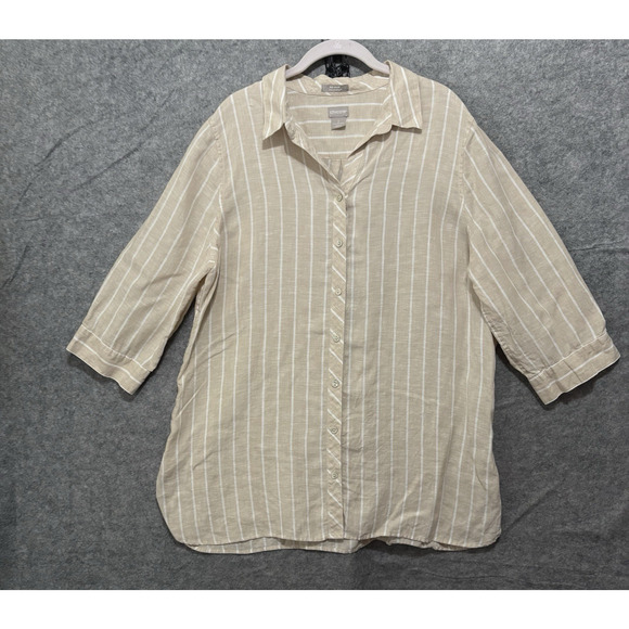 Chico's Tops - Chicos No Iron FreshChic Linen‎ Shirt Womens Sz 3 US 16 / 18 Tan Striped